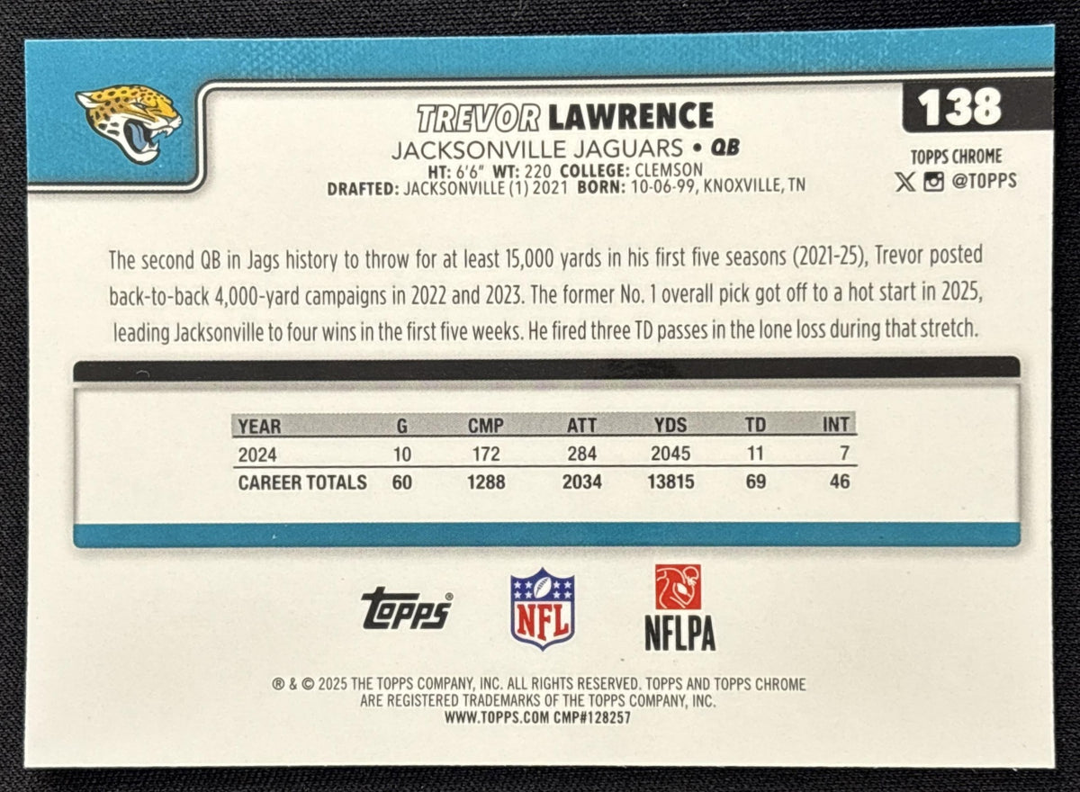 Trevor Lawrence 2025 Topps Chrome Pulsar Refractor Jaguars Jacksonville Jaguars