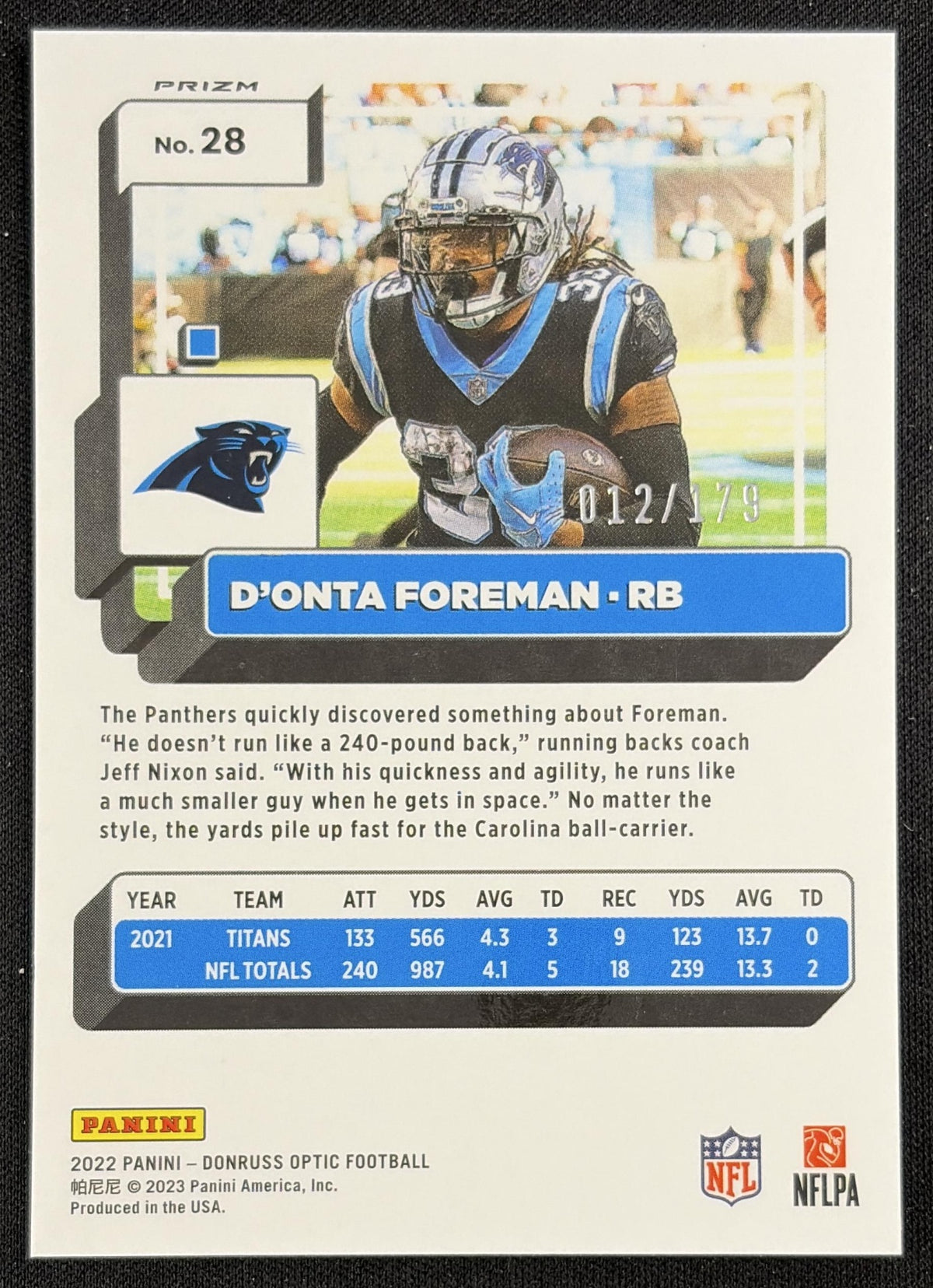 D Onta Foreman 2022 Panini Donruss Optic Blue /179 Panthers Sports Trading Card