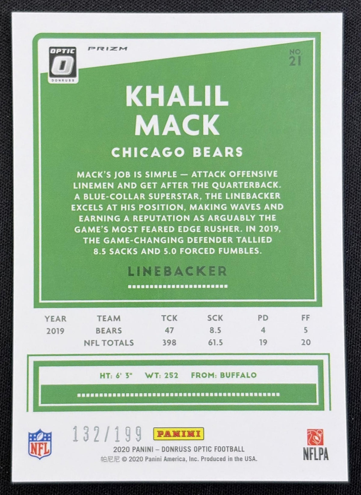 Khalil Mack 2020 Panini Donruss Optic Orange Prizm /199 Bears back