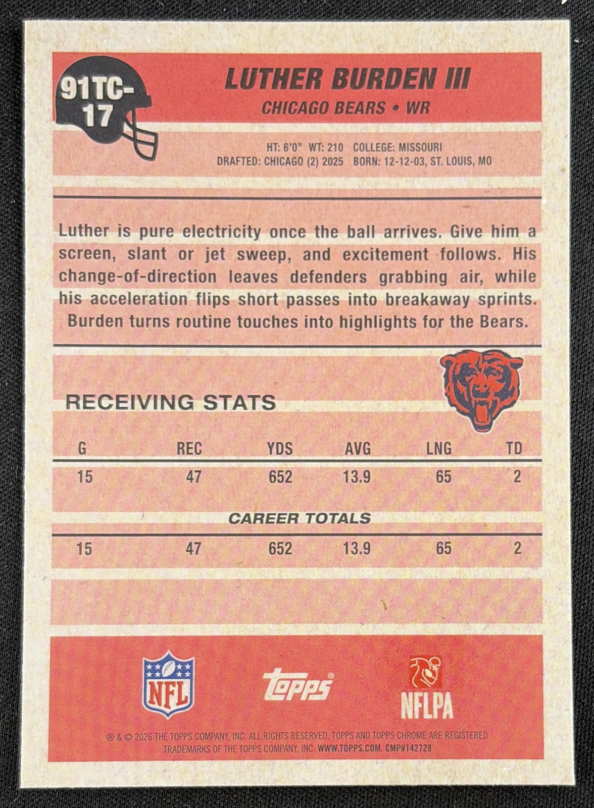Luther Burden III 2026 Topps 1991 Chrome Mojo Refractor Bears back
