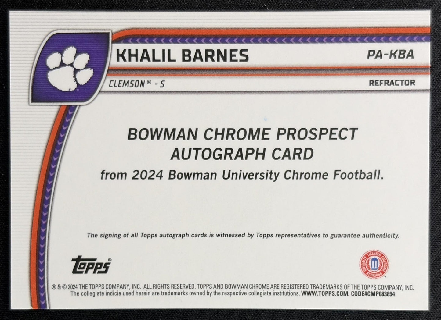 Khalil Barnes 2024 Bowman Chrome University Prospect Auto Refractor /299 Tigers Back