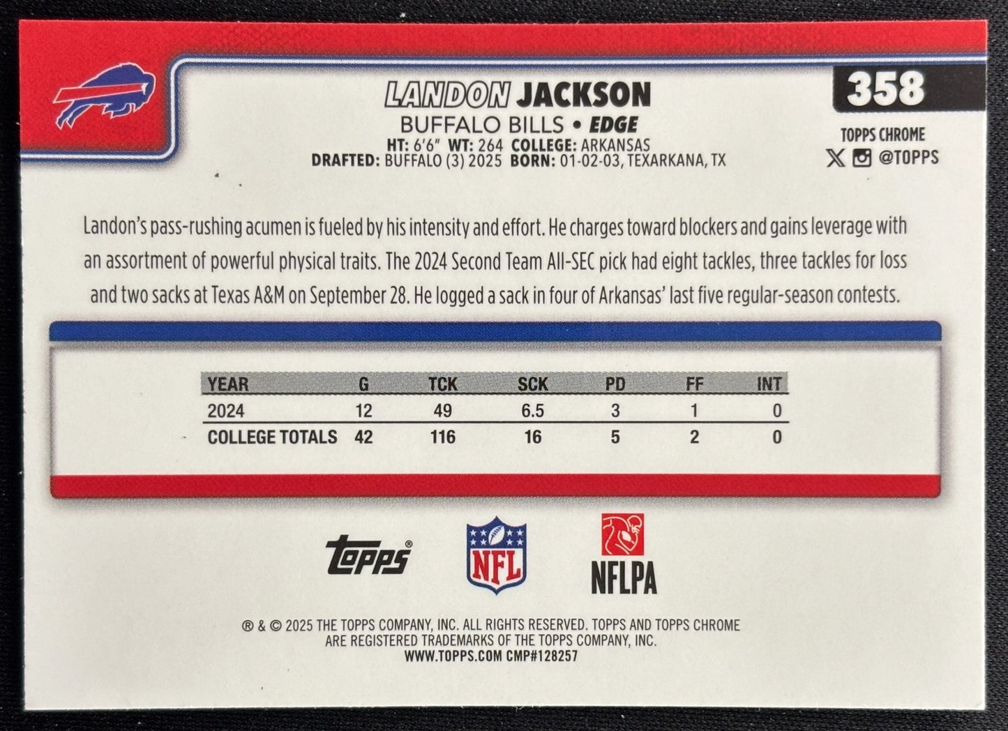 Landon Jackson 2025 Topps Chrome Rookie Pulsar Refractor Bills Sports Trading Cards