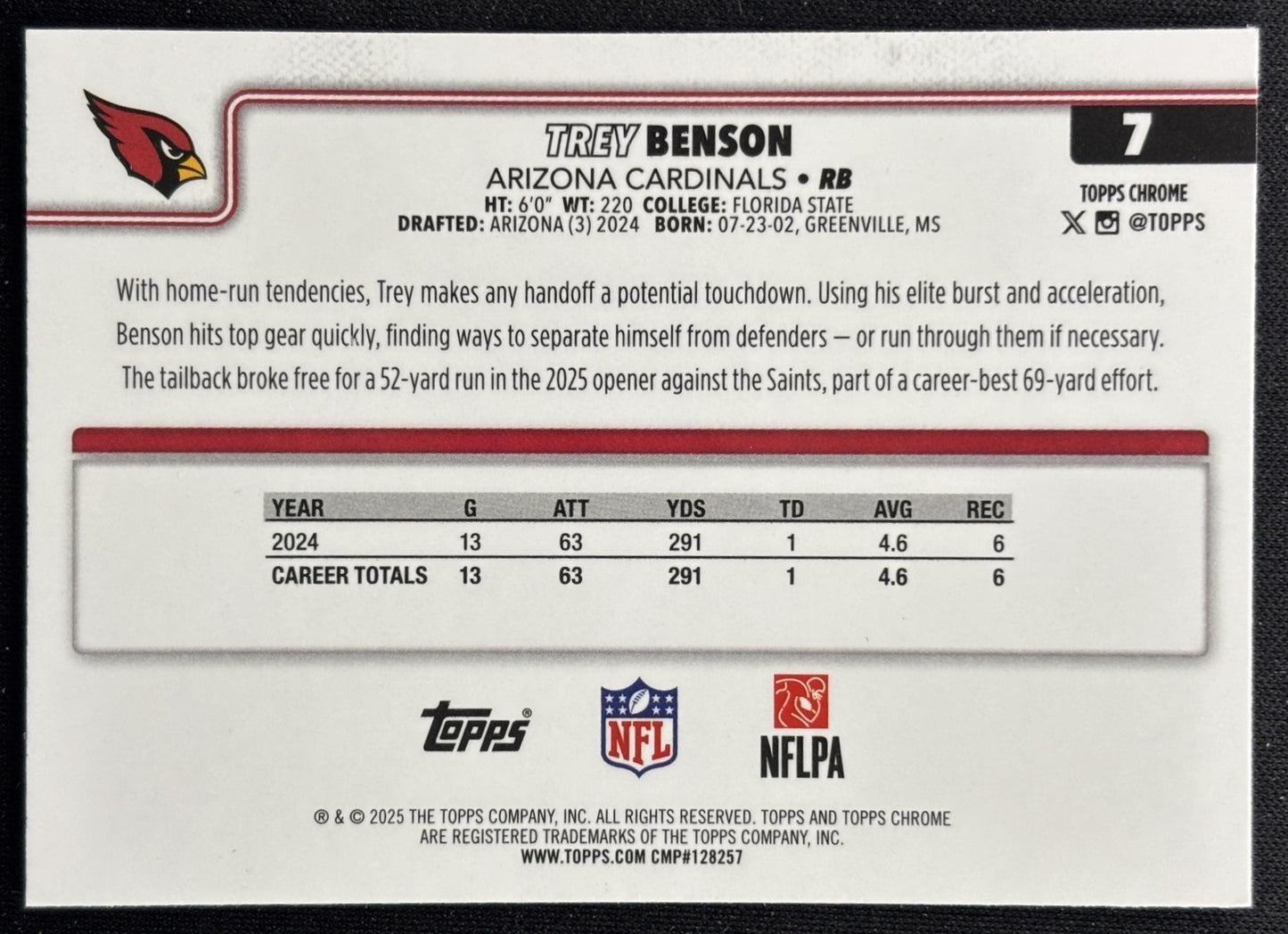 Trey Benson 2025 Topps Chrome Pulsar Refractor Cardinals Sports Trading Cards