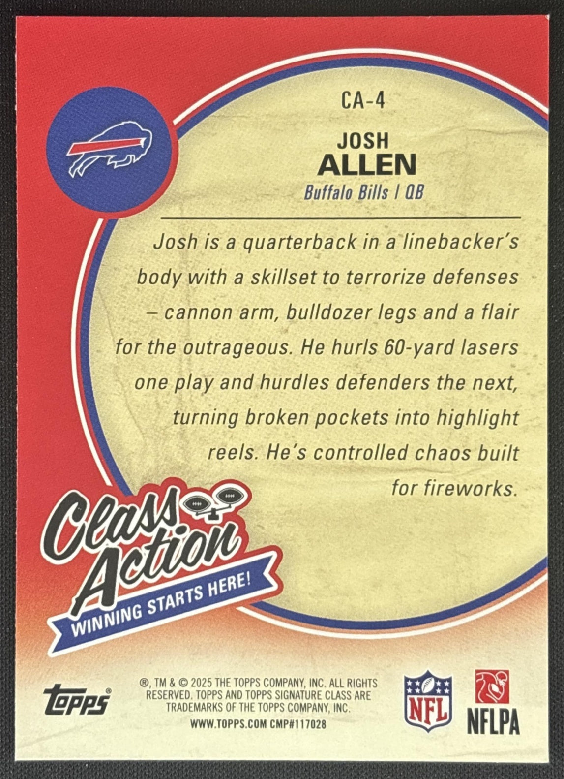 Josh Allen 2025 Topps Signature Class Action Bills back