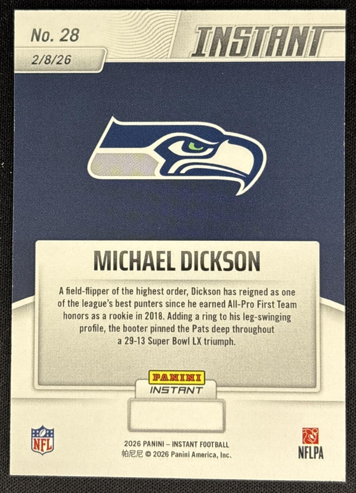 Michael Dickson 2026 Panini Instant Super Bowl LIX Champions Seattle Seahawks