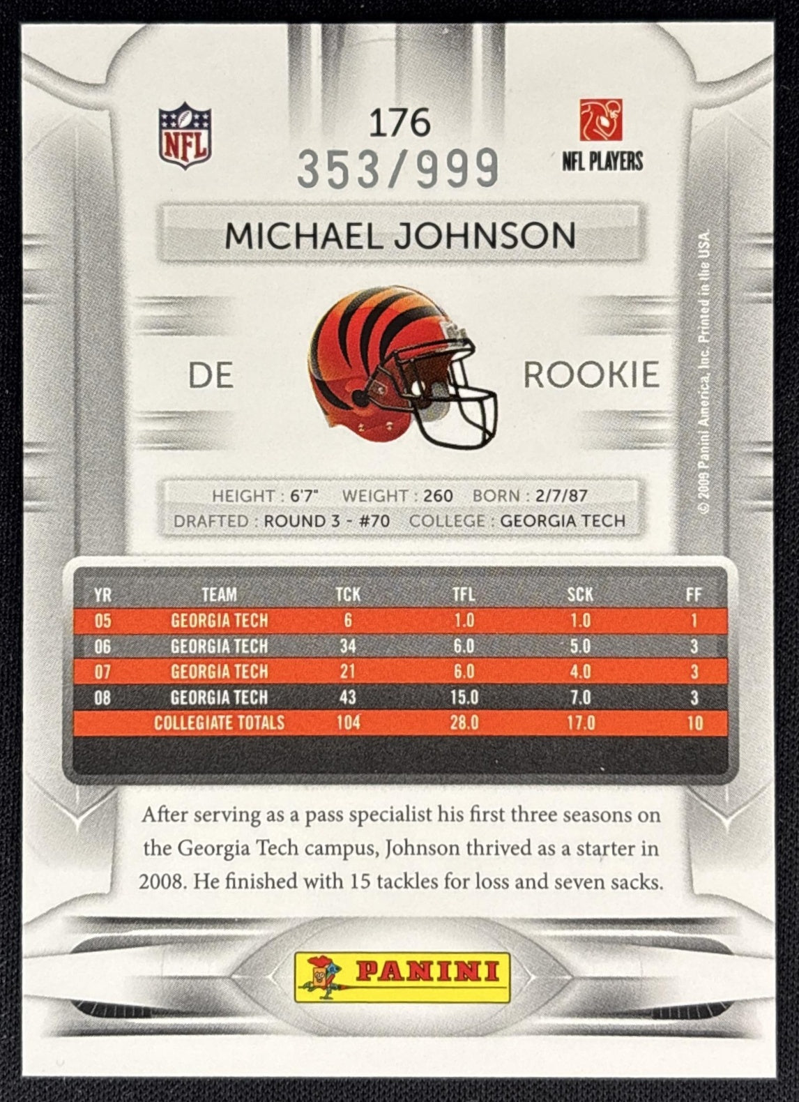 Michael Johnson 2009 Panini Playoff Prestige Draft Picks Light Blue /999 Bengals back