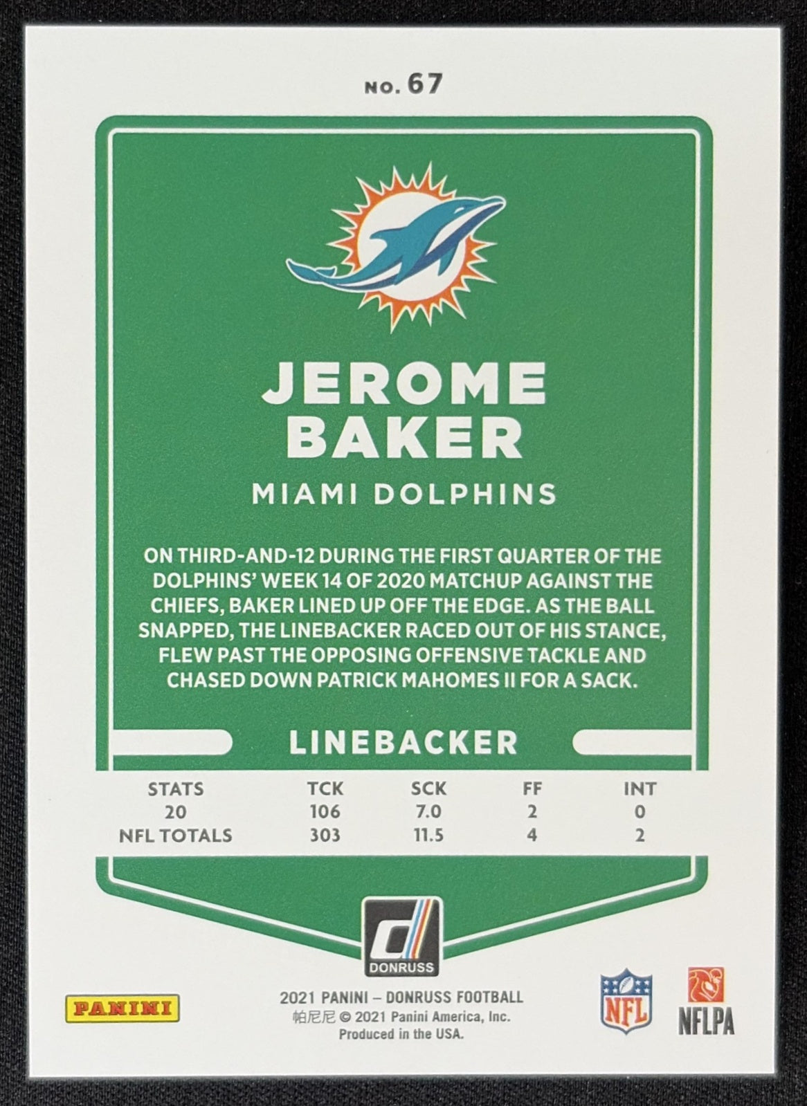 Jerome Baker 2021 Panini Donruss Press Proof Premium Dolphins Sports Trading Card