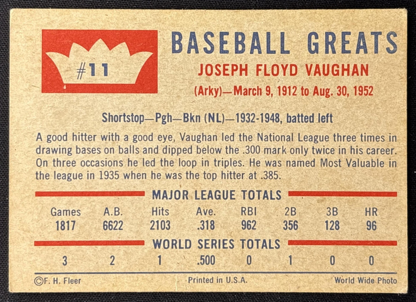 Arky Vaughan 1960 Fleer Baseball Greats back