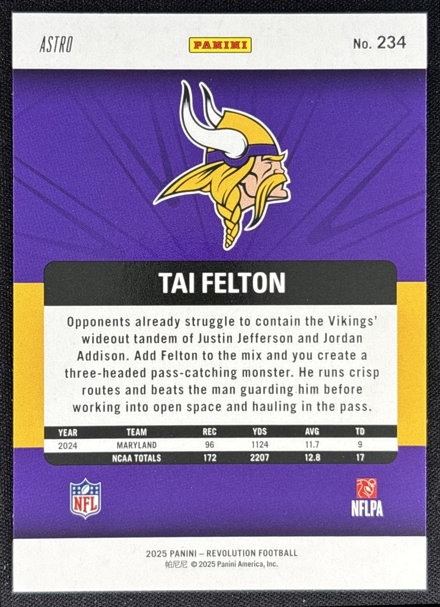 Tai Felton 2025 Panini Revolution Rookies Red Astro Vikings back