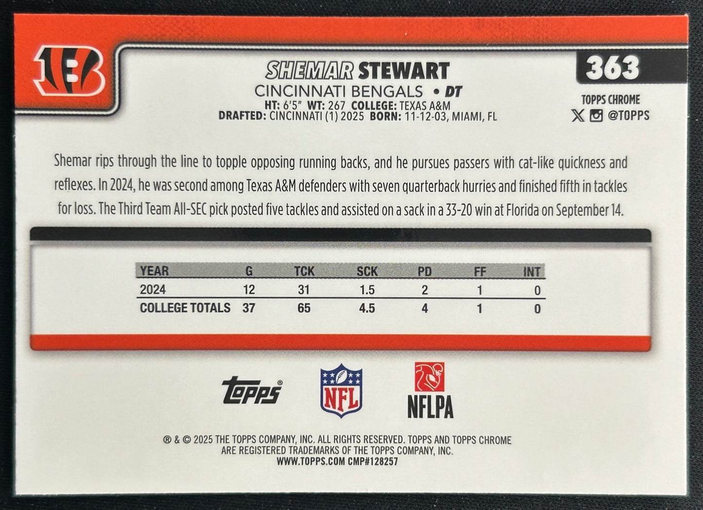 Shemar Stewart 2025 Topps Chrome Rookie Bengals Sports Trading Cards