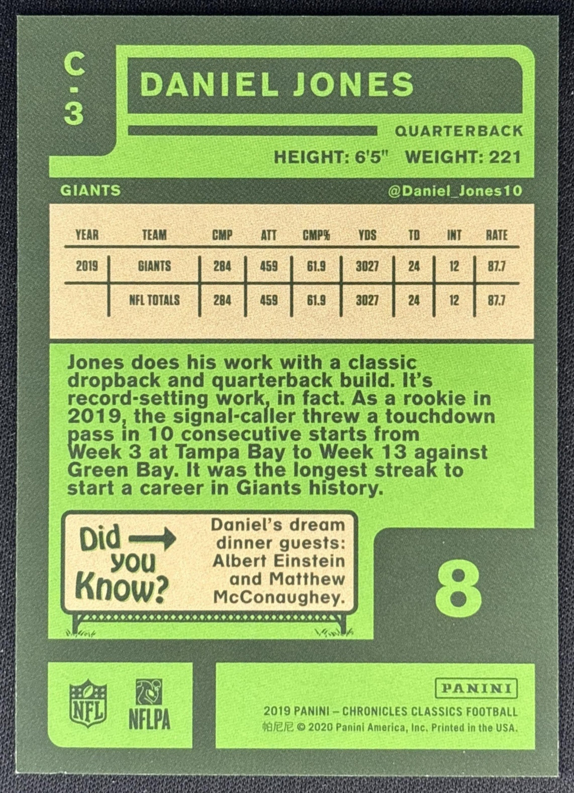 Daniel Jones 2020 Panini Chronicles Giants Back