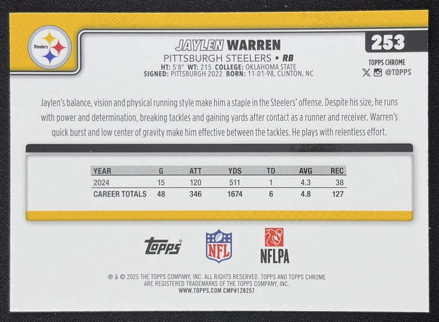 Jaylen Warren 2025 Topps Chrome Pink Wave Refractor /250 Steelers Pittsburgh Steelers