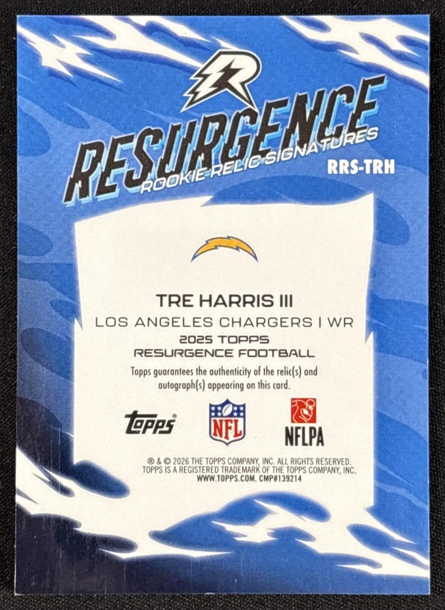 Tre Harris III 2025 Resurgence Rookie Relic Signatures Orange Power Surge Refractor /25 Chargers