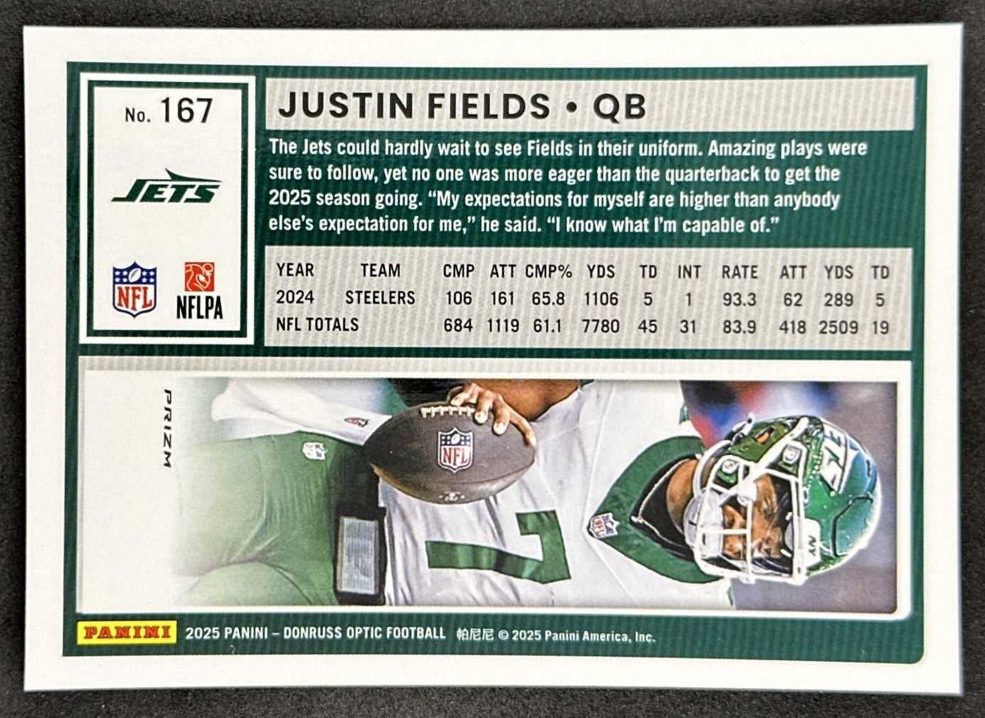 Justin Fields 2025 Panini Donruss Optic Stars Prizm Jets Sports Trading Cards