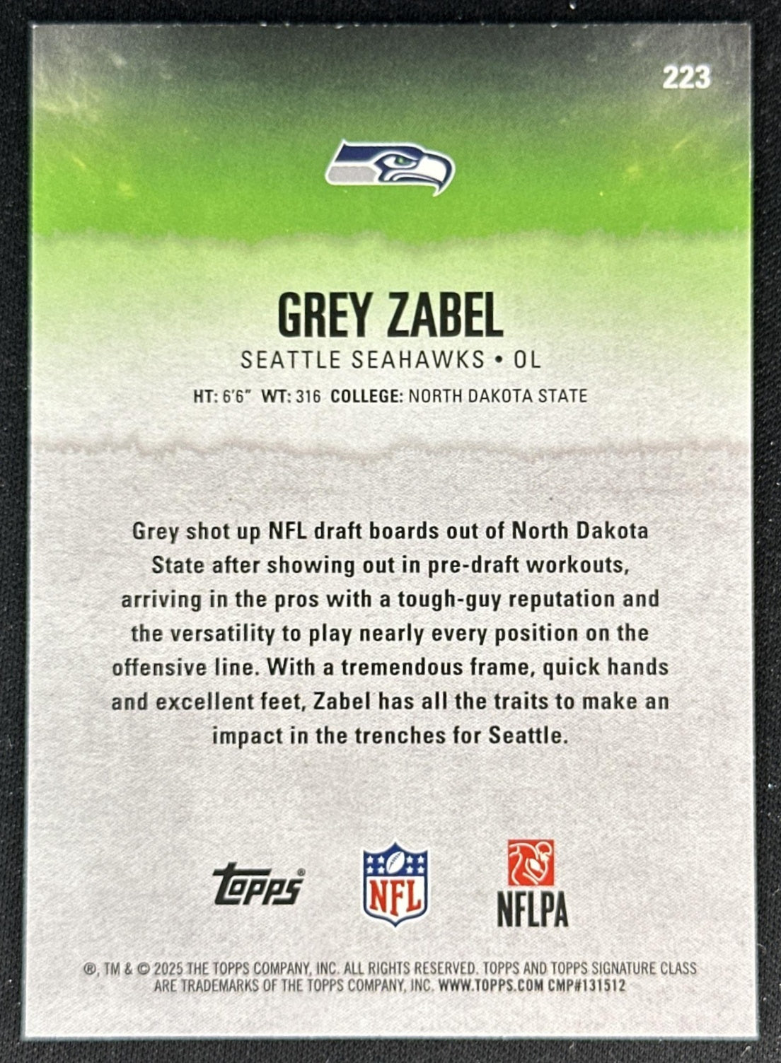 Grey Zabel 2025 Topps Signature Class Rookie Blue & Yellow Foil Seahawks back