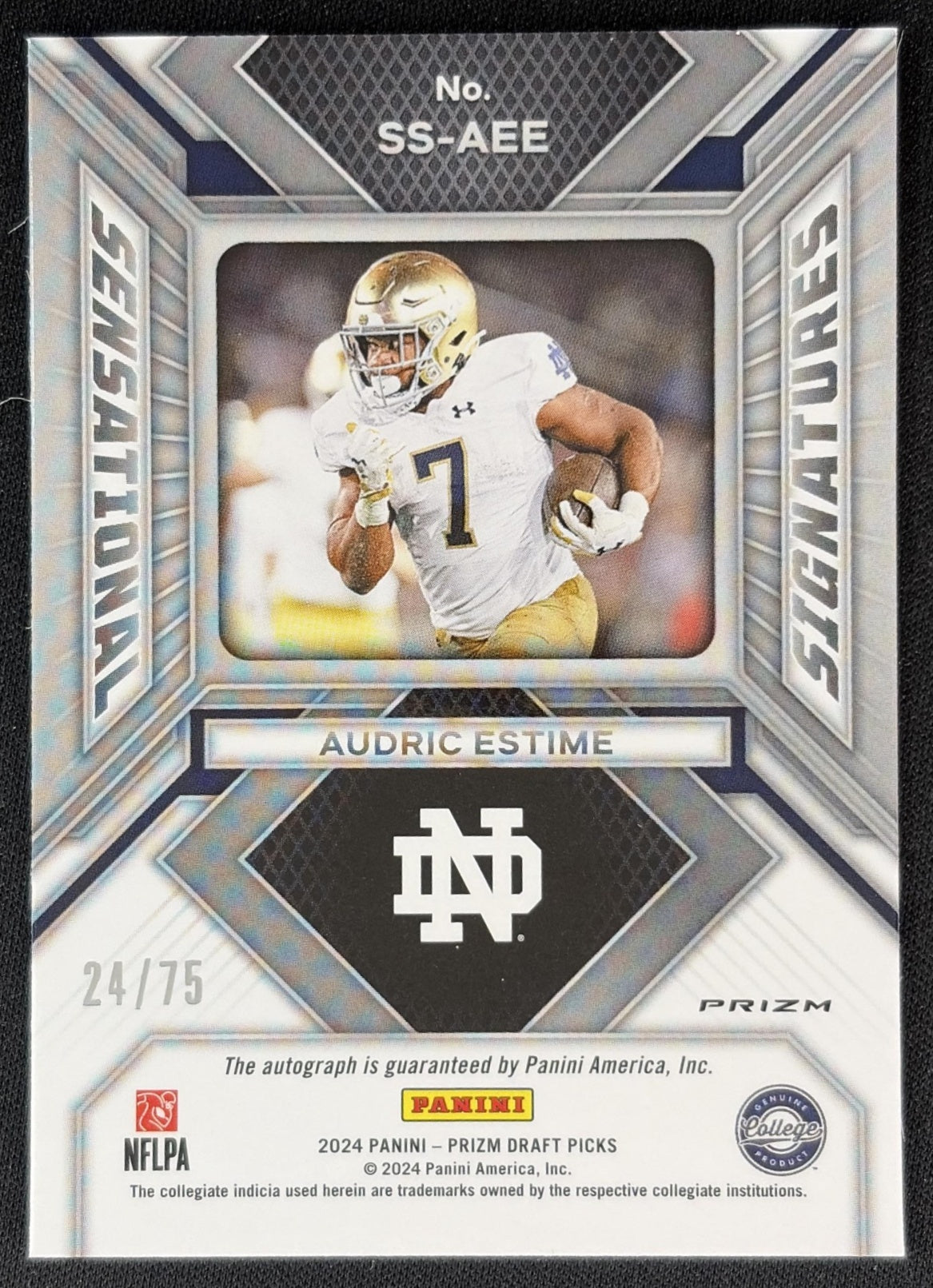 Audric Estime 2024 Prizm Collegiate Draft Picks Sensational Signatures Orange Wave /75 Fighting Irish Broncos Sports Trading Cards