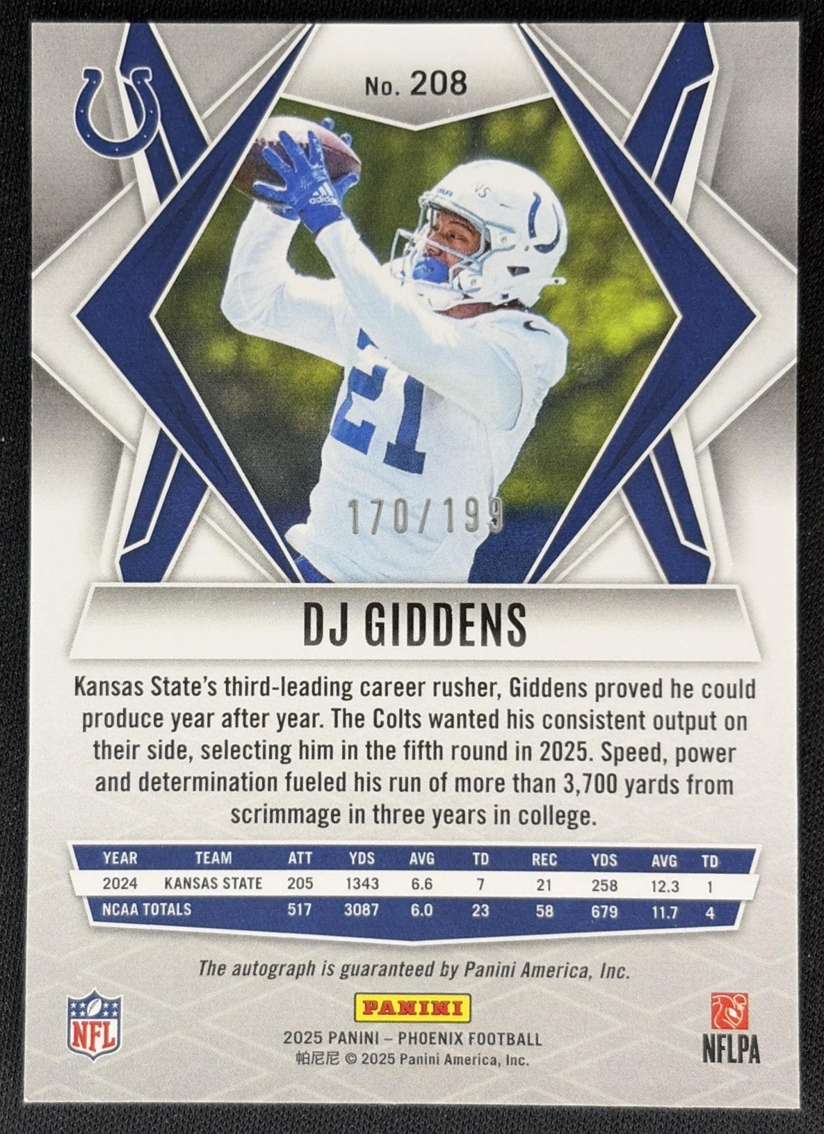 DJ Giddens 2025 Panini Phoenix Rookies Auto /199 Colts Back