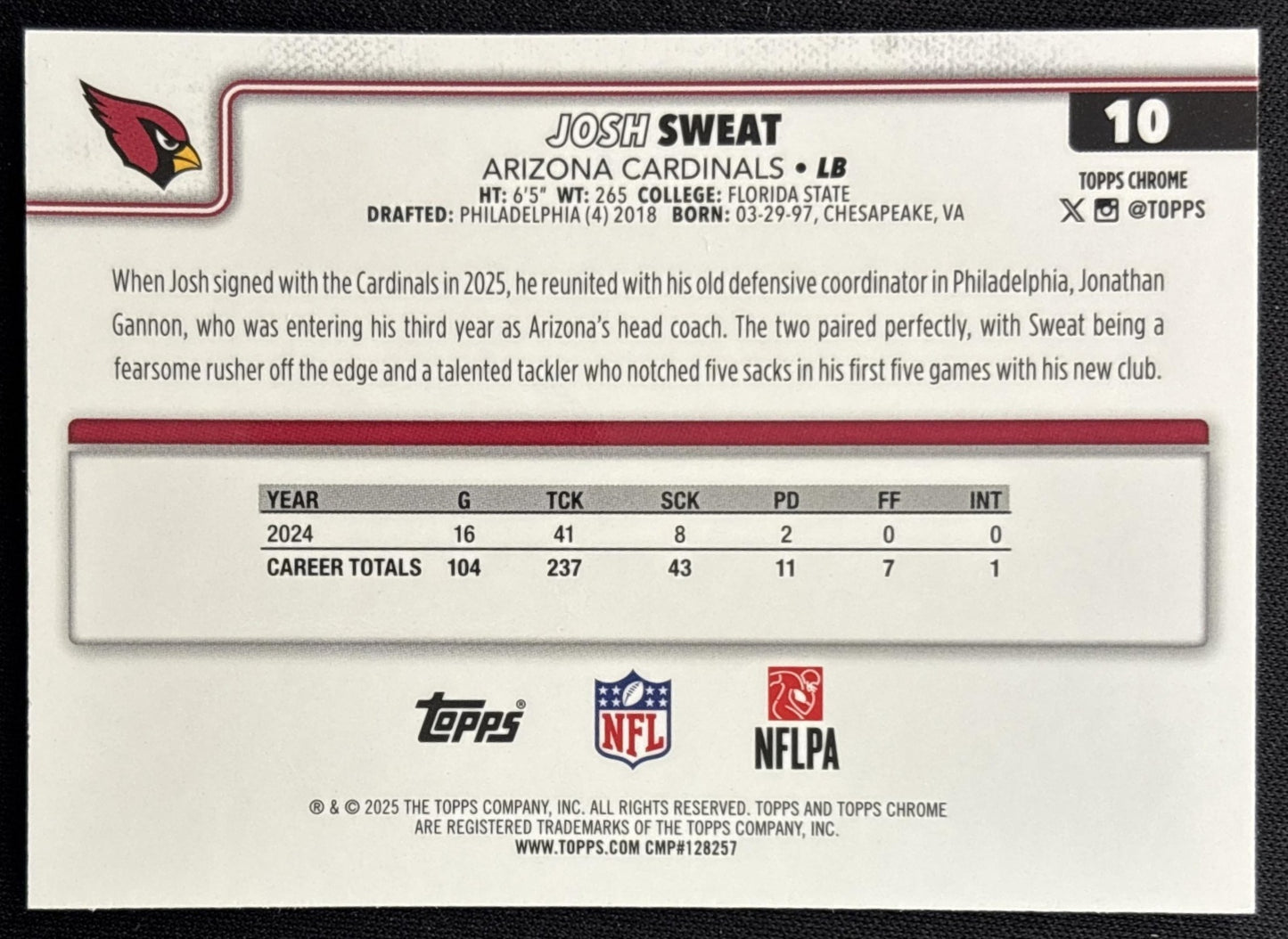 Josh Sweat 2025 Topps Chrome Neon Pulse Refractor Cardinals Sports Trading Card