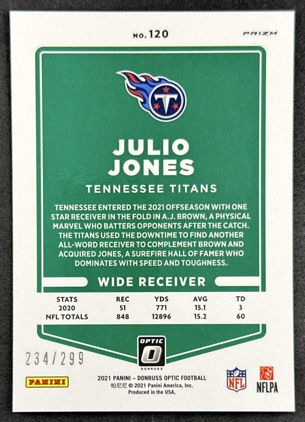 Julio Jones 2021 Panini Donruss Optic Wave /299 Titans back
