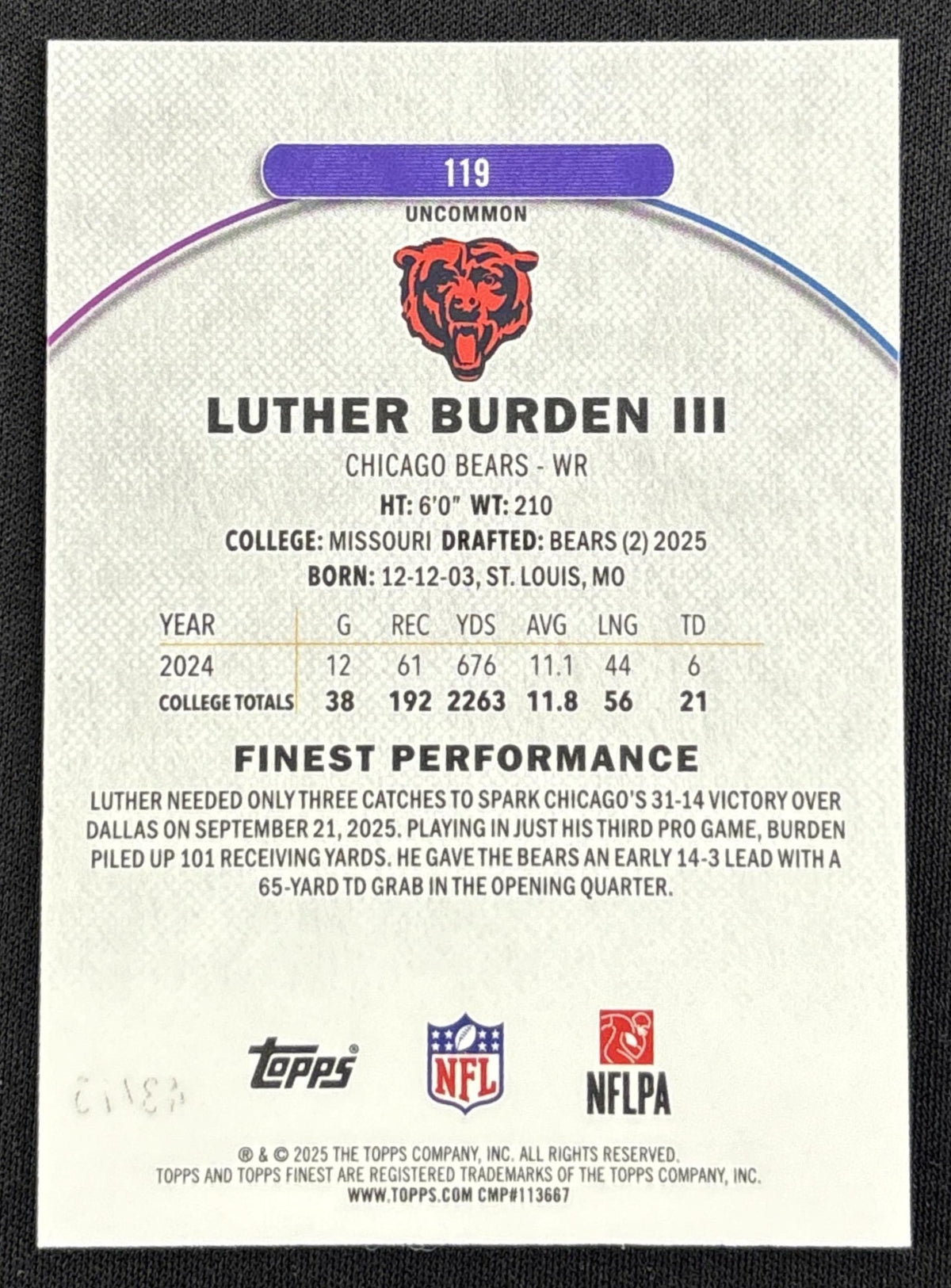 Luther Burden III 2025 Topps Finest Uncommon Blue X-Fractor /75 Bears