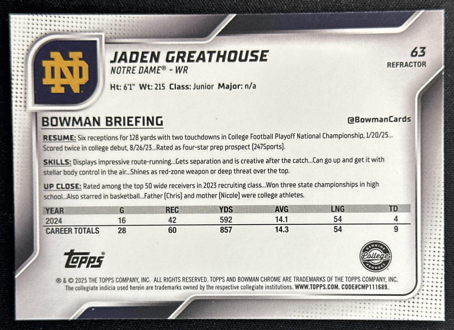 Jaden Greathouse 2025 Chrome University Prospects Refractor Fighting Irish