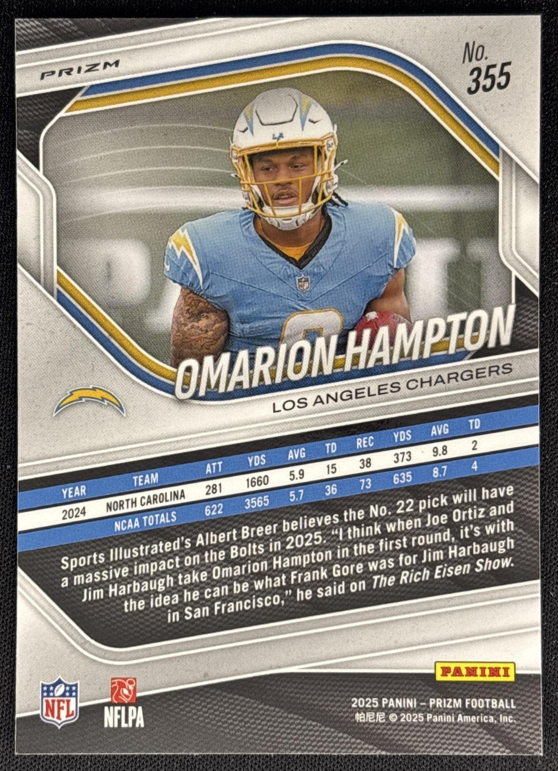 Omarion Hampton 2025 Panini Prizm Silver Chargers back