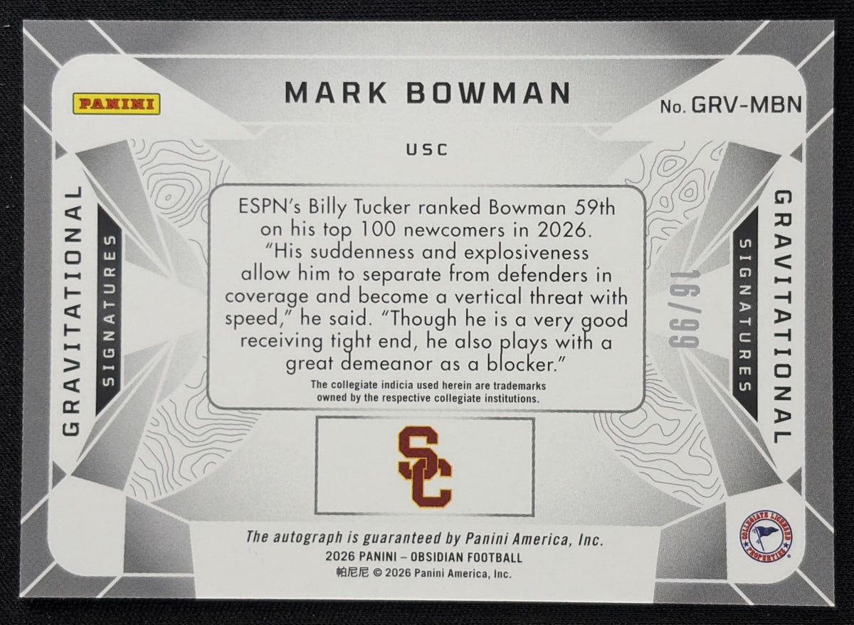 Mark Bowman 2026 Panini Obsidian Gravitational Signatures Red /99 Trojans
