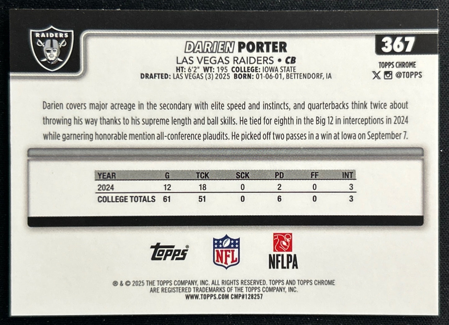 Darien Porter 2025 Topps Chrome Rookie Raiders Sports Trading Cards