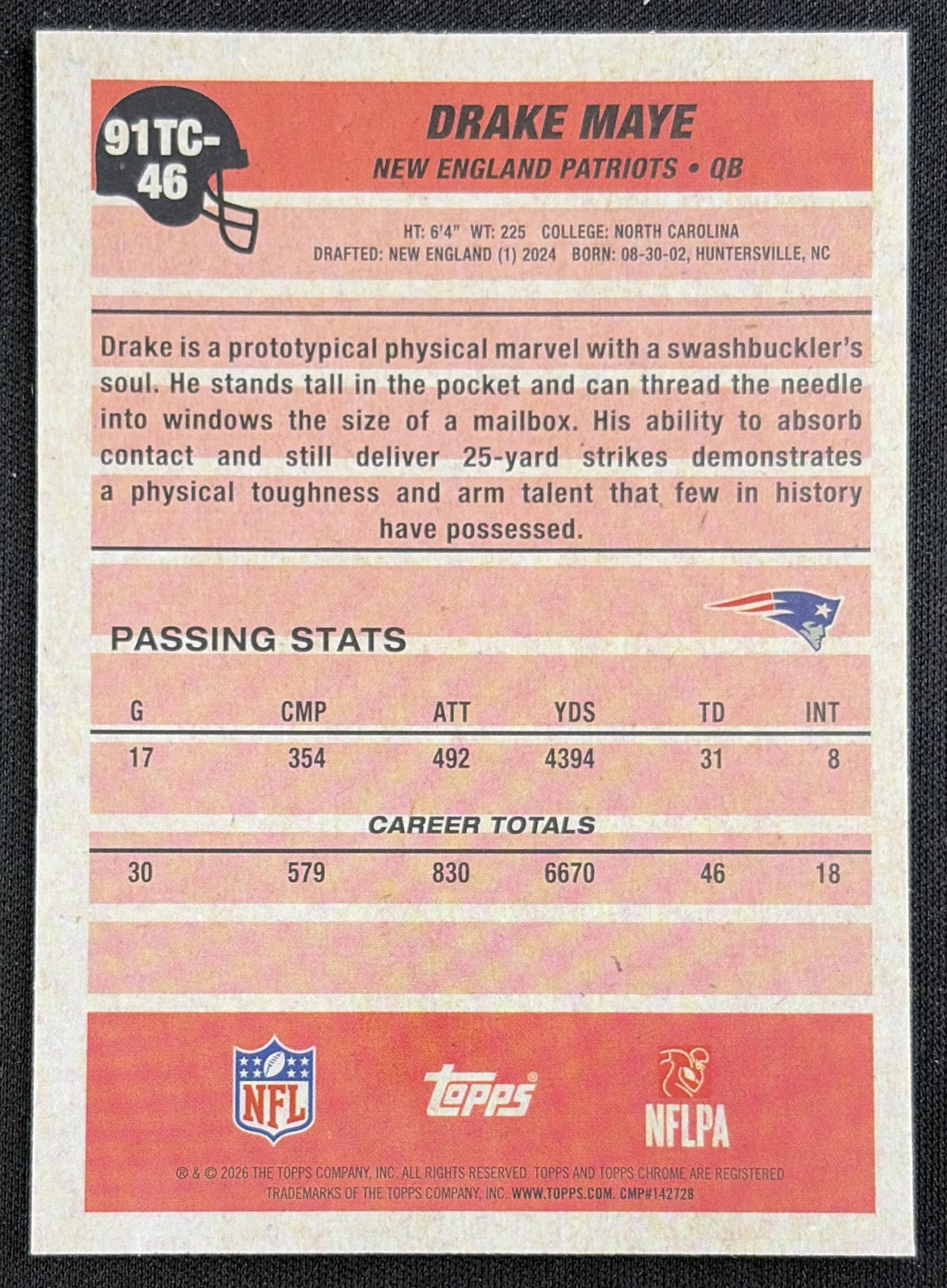Drake Maye 2026 Topps 1991 Chrome Mojo Refractor Patriots back