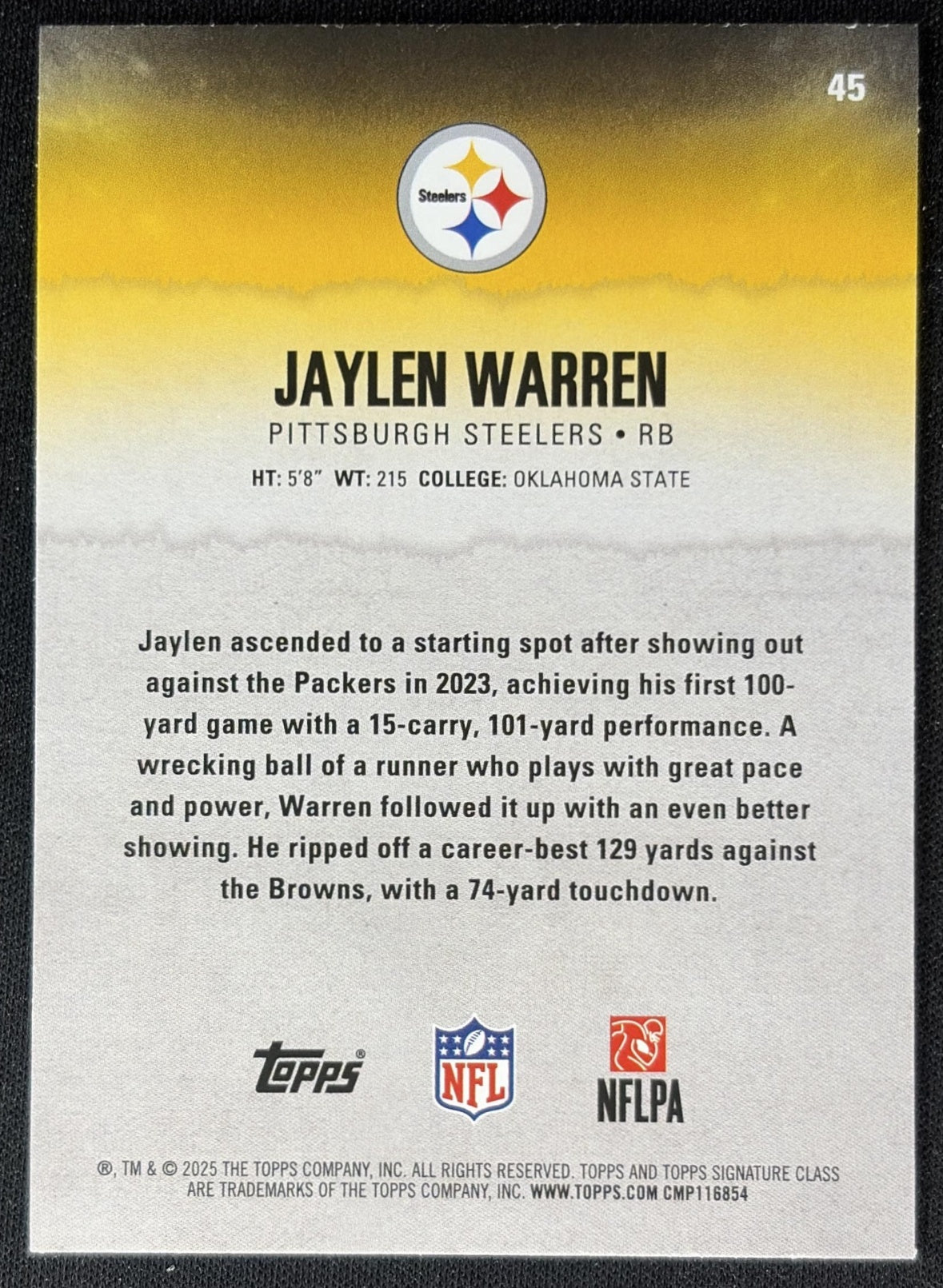 Jaylen Warren 2025 Topps Signature Class Veteran Blue & Yellow Foil Steelers Sports Trading Cards
