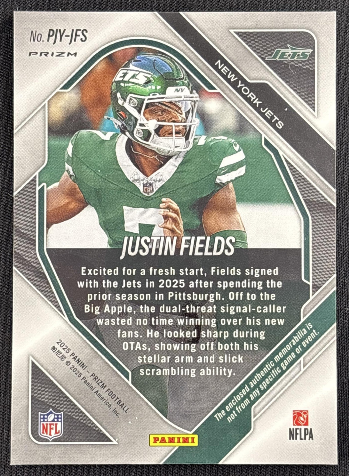 Justin Fields 2025 Panini Prizm Premier Jerseys Neon Green Pulsar Jets