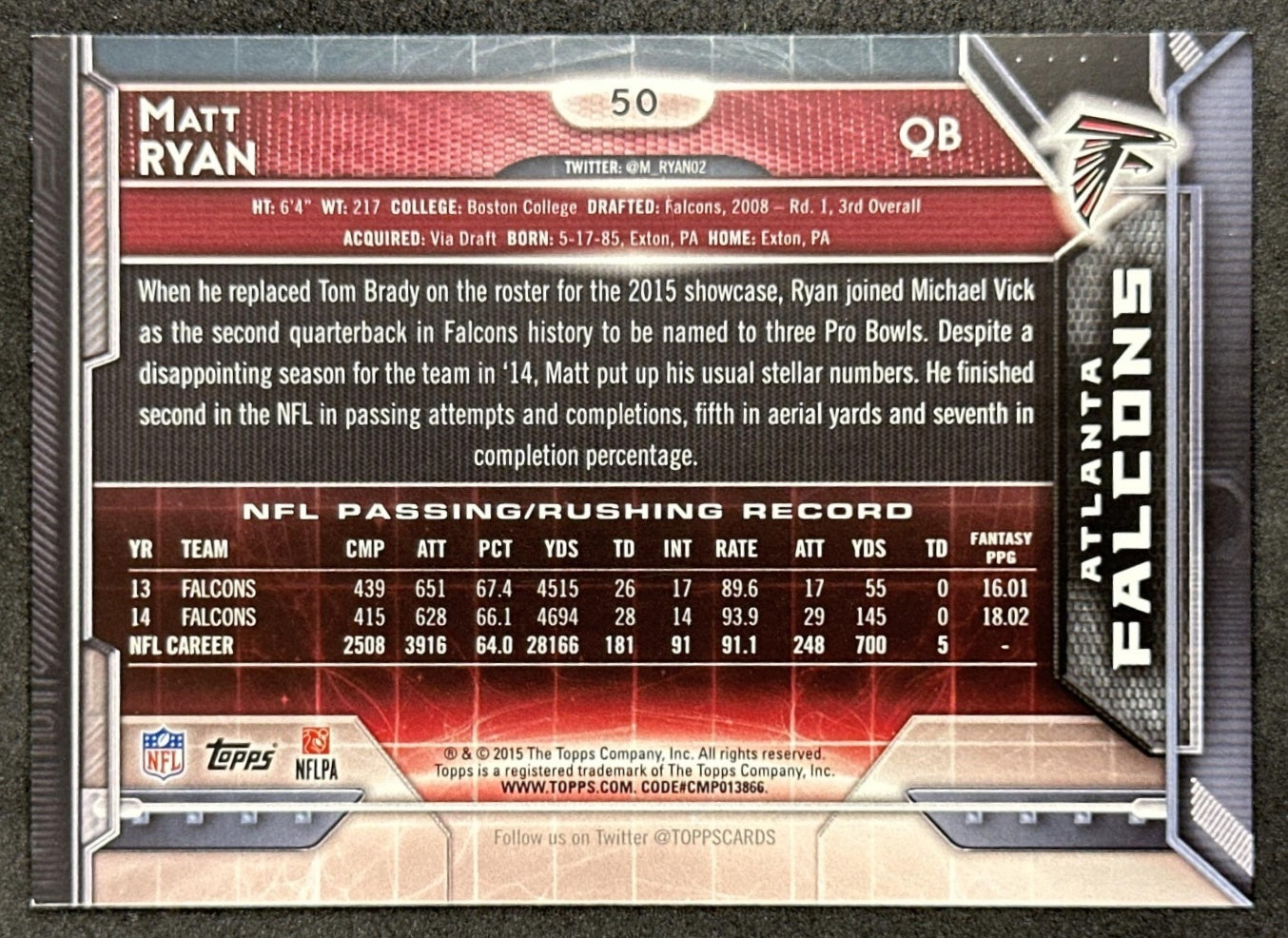 Matt Ryan 2015 Topps Falcons Atlanta Falcons Sports Trading Card