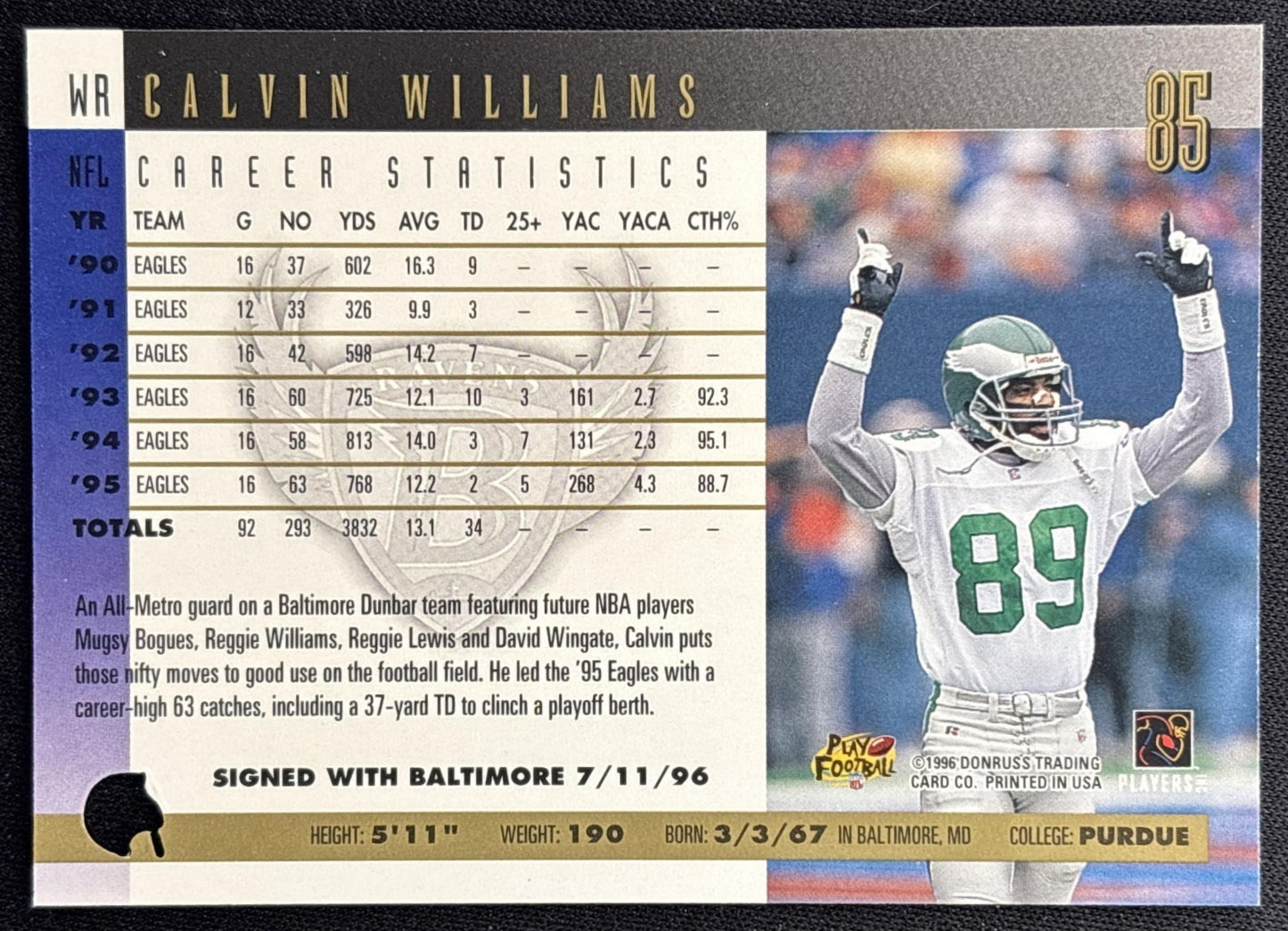 Calvin Williams 1996 Donruss Ravens back