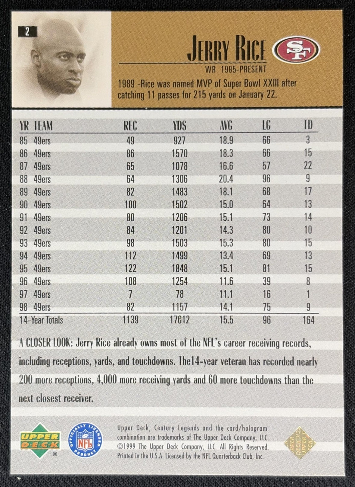 Jerry Rice 1999 Upper Deck Century Legends 49ers Sports Trading Cards