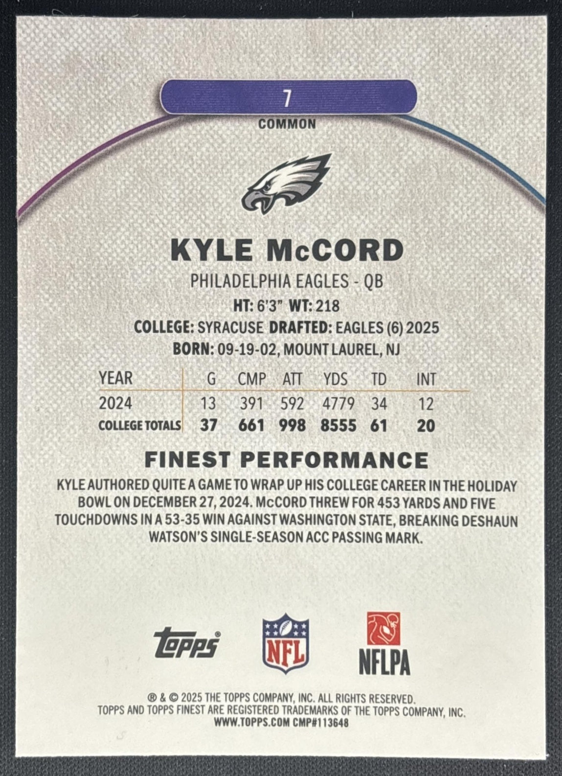 Kyle McCord 2025 Topps Finest Blue Refractor /200 Eagles back