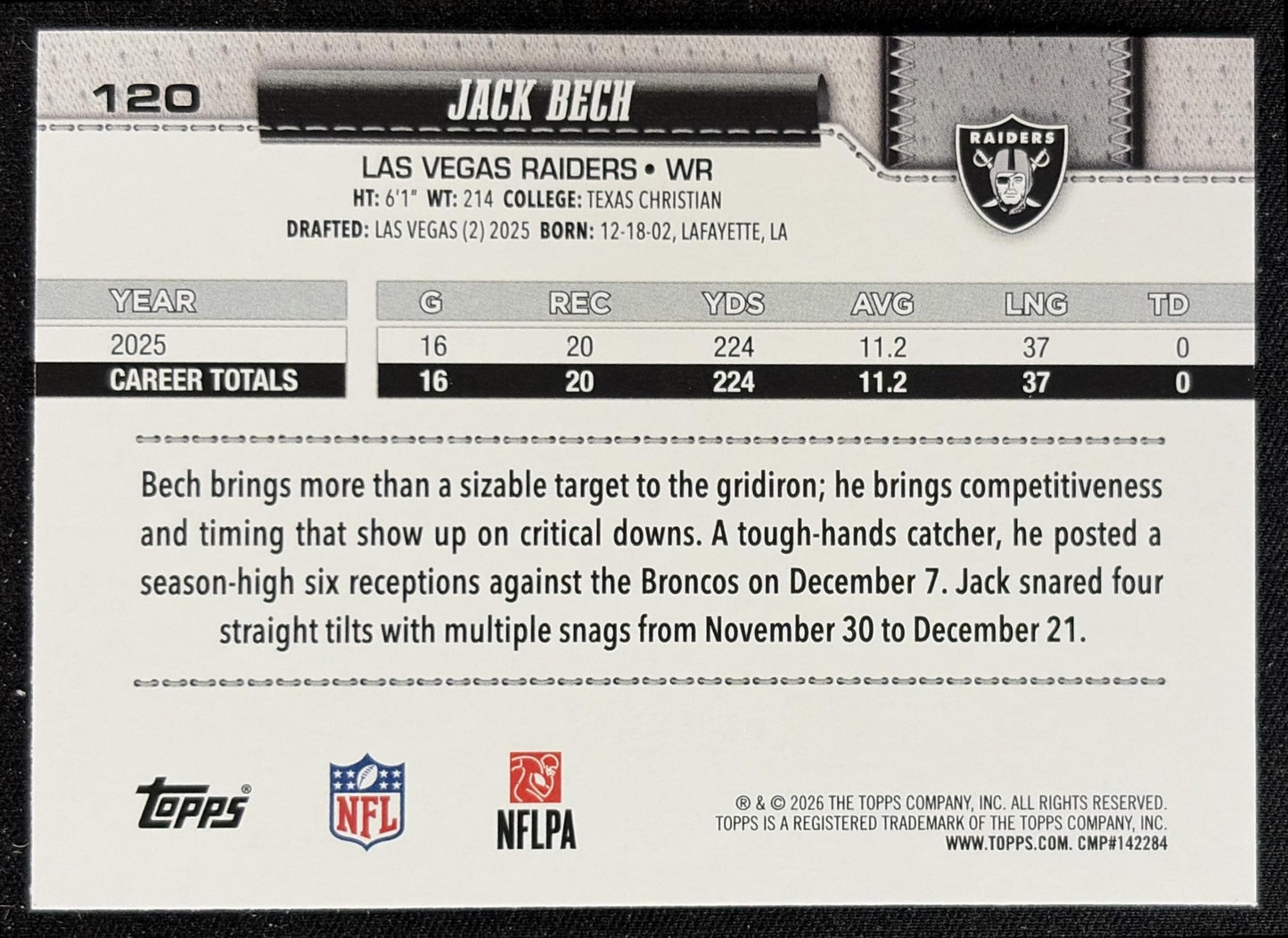 Jack Bech 2026 Topps Rainbow Foil Raiders back