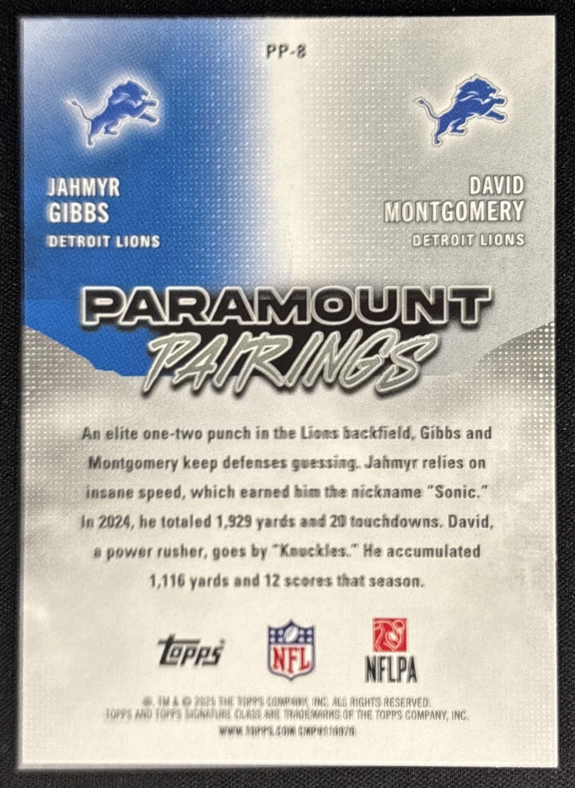 David Montgomery Jahmyr Gibbs 2025 Signature Class Paramount Pairings Coral Foil /299 Lions