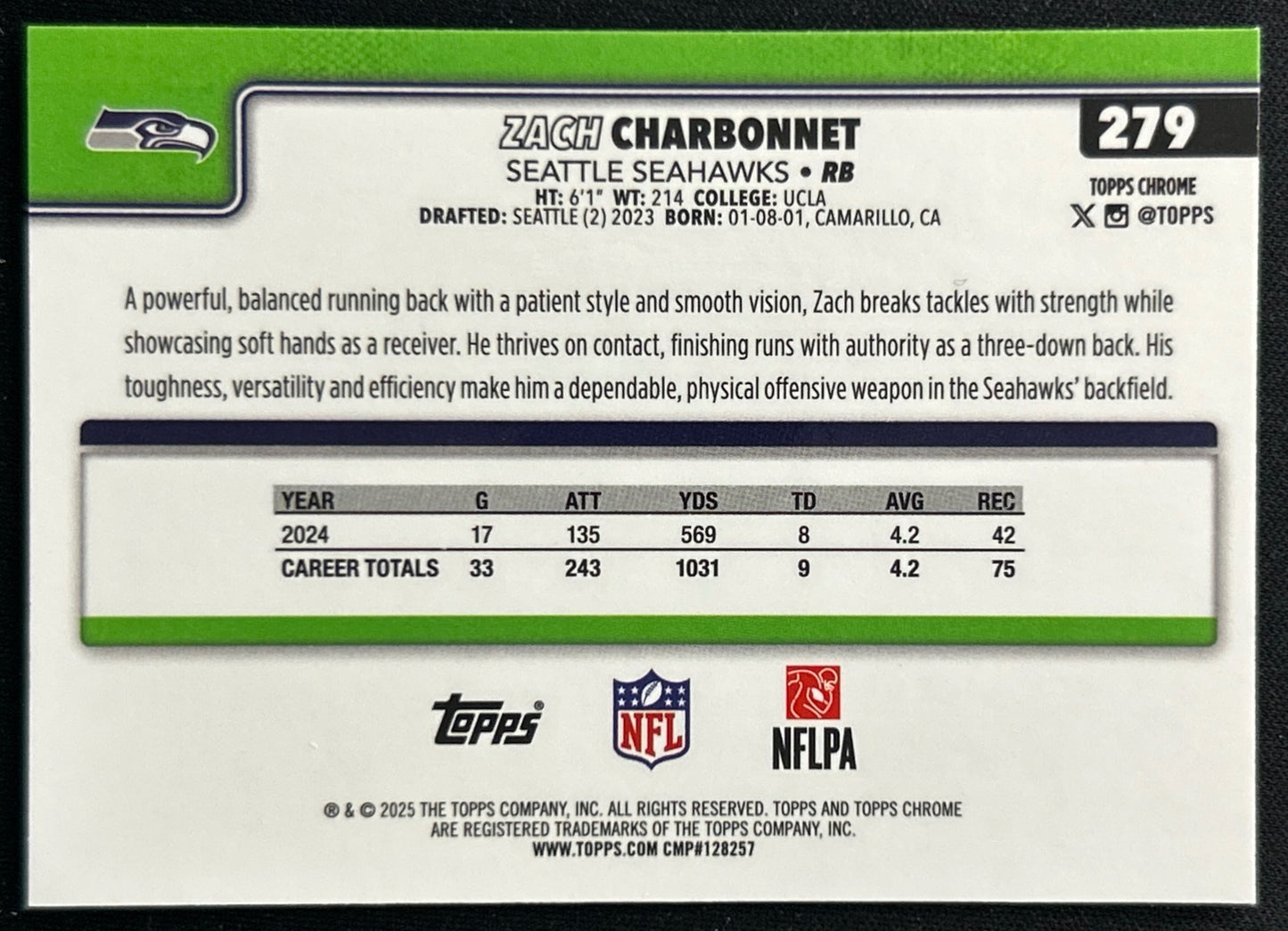 Zach Charbonnet 2025 Topps Chrome Seahawks Sports Trading Cards