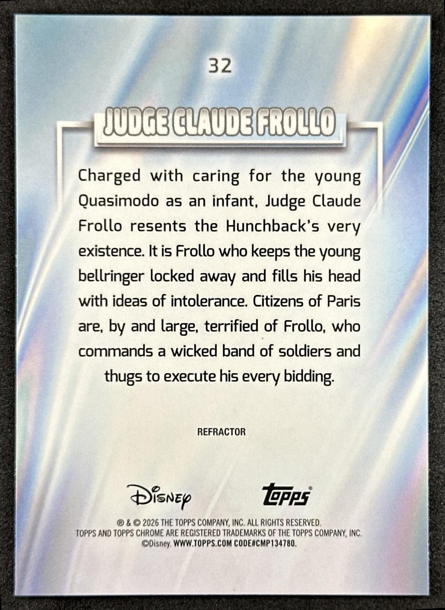 Judge Claude Frollo 2026 Topps Chrome Disney Refractor The Hunchback of Notre Dame Back