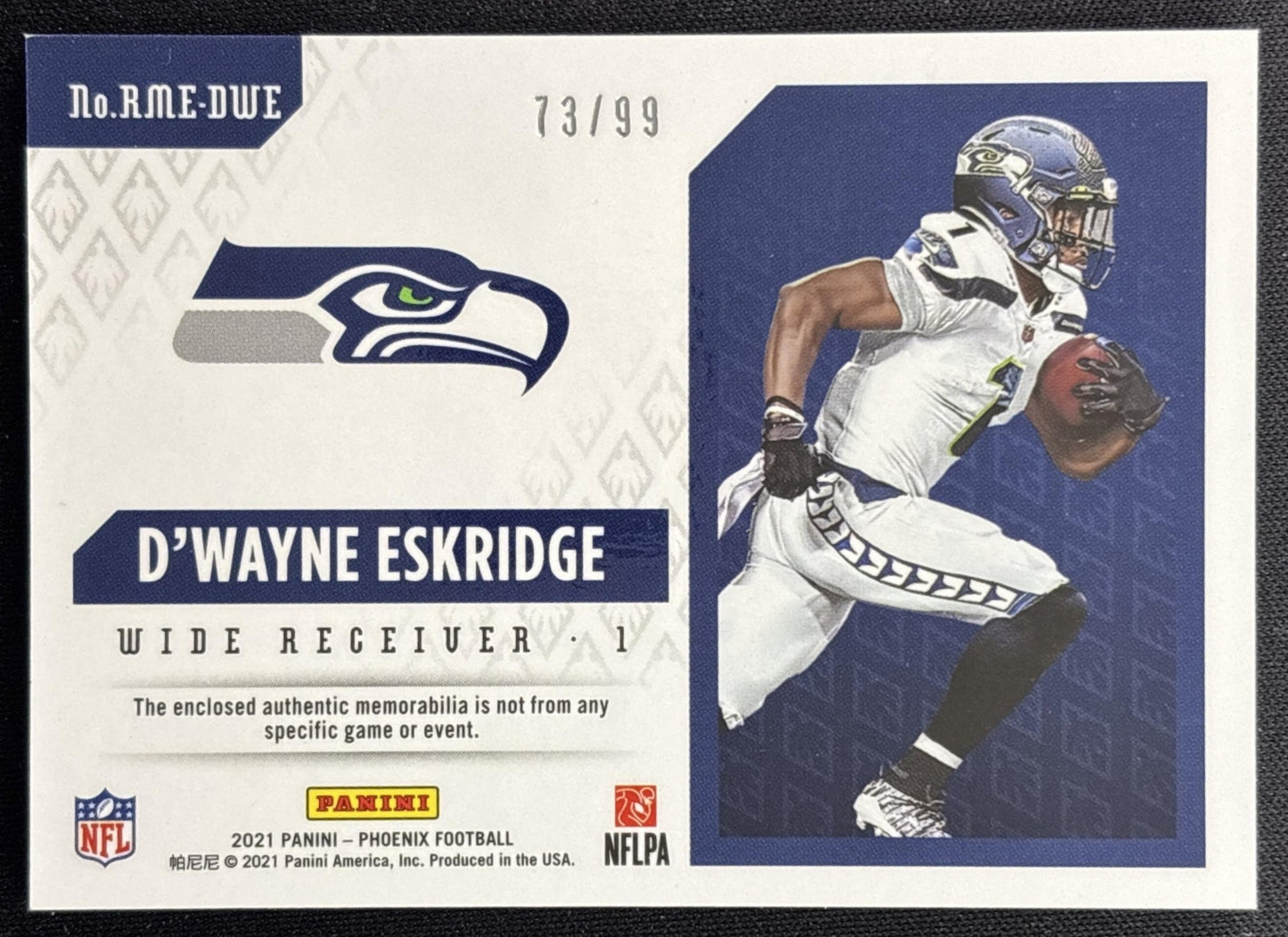 D Wayne Eskridge 2021 Panini Phoenix Rookie Memorabilia Purple /99 Seahawks Sports Trading Card