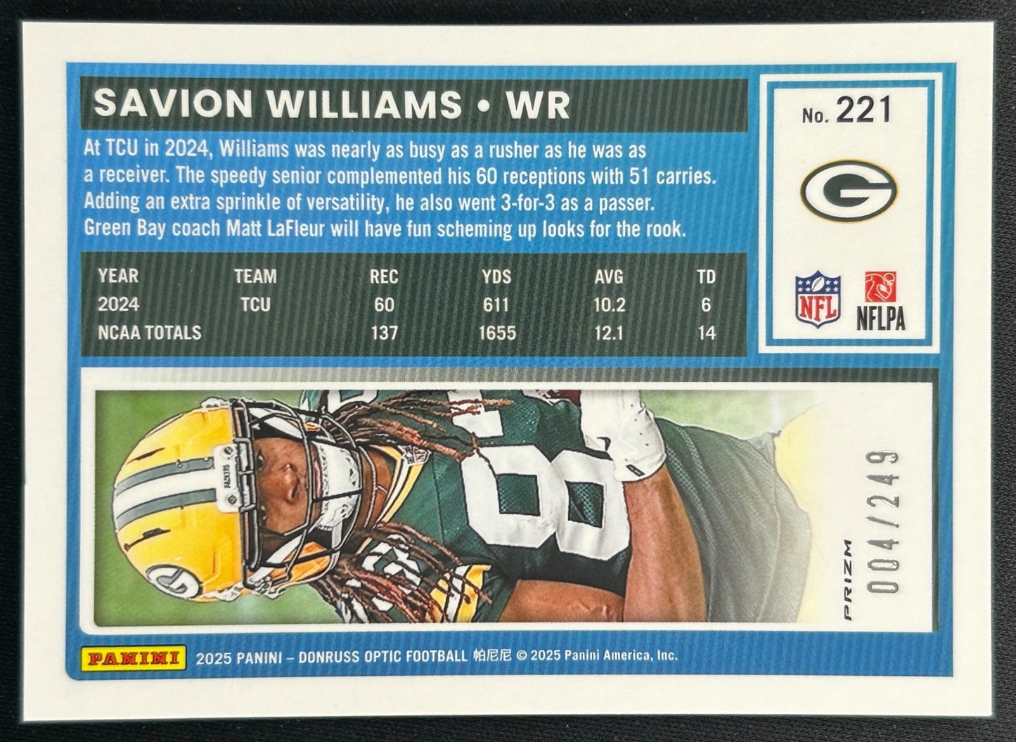 Savion Williams 2025 Donruss Optic Rated Rookie Blue Prizm /249 Packers - Back