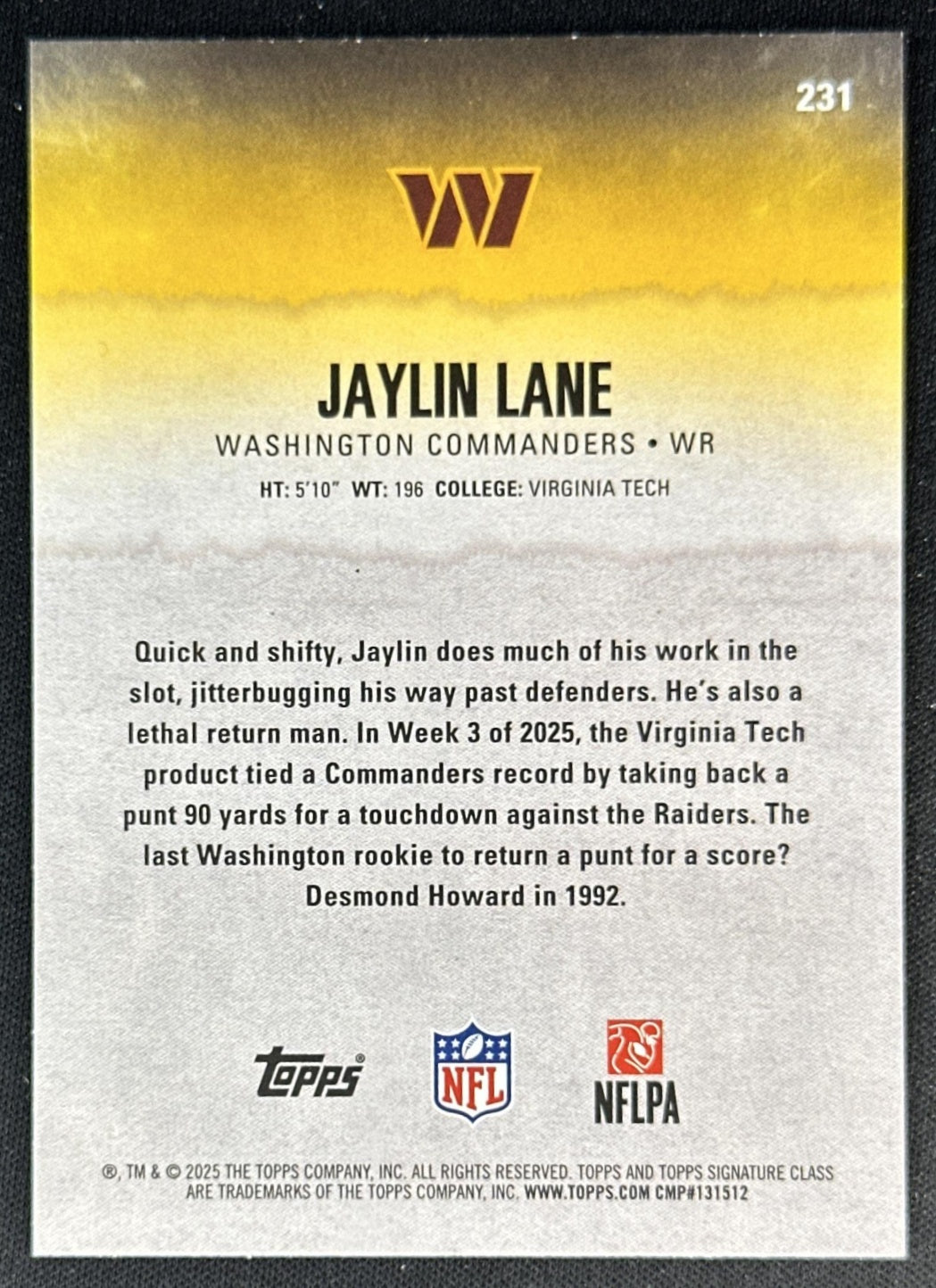 Jaylin Lane 2025 Topps Signature Class Rookie Magenta Foil /250 Commanders Sports Trading Cards