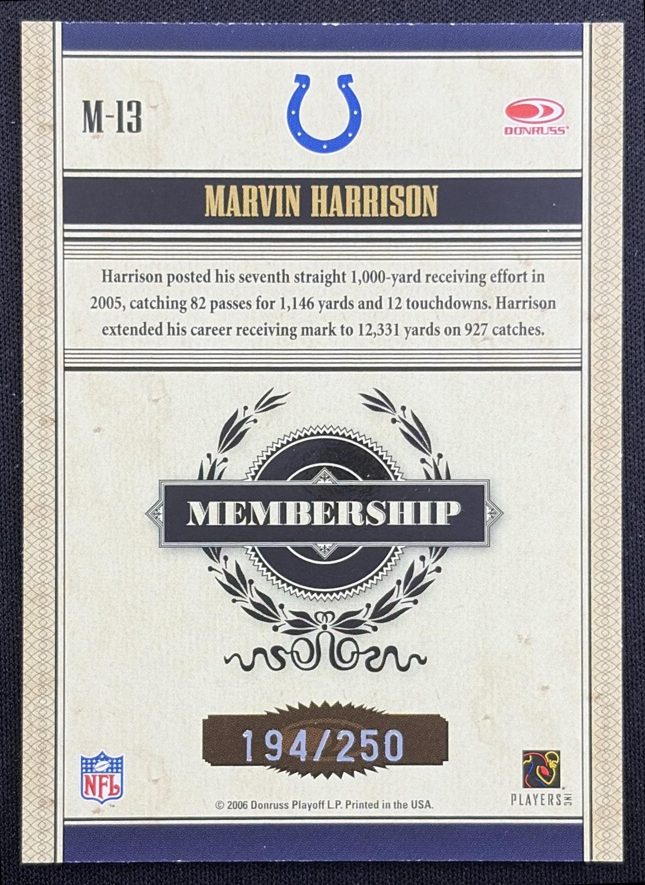 Marvin Harrison 2006 Donruss Classics Membership VIP Jerseys /250 Colts Indianapolis Colts back