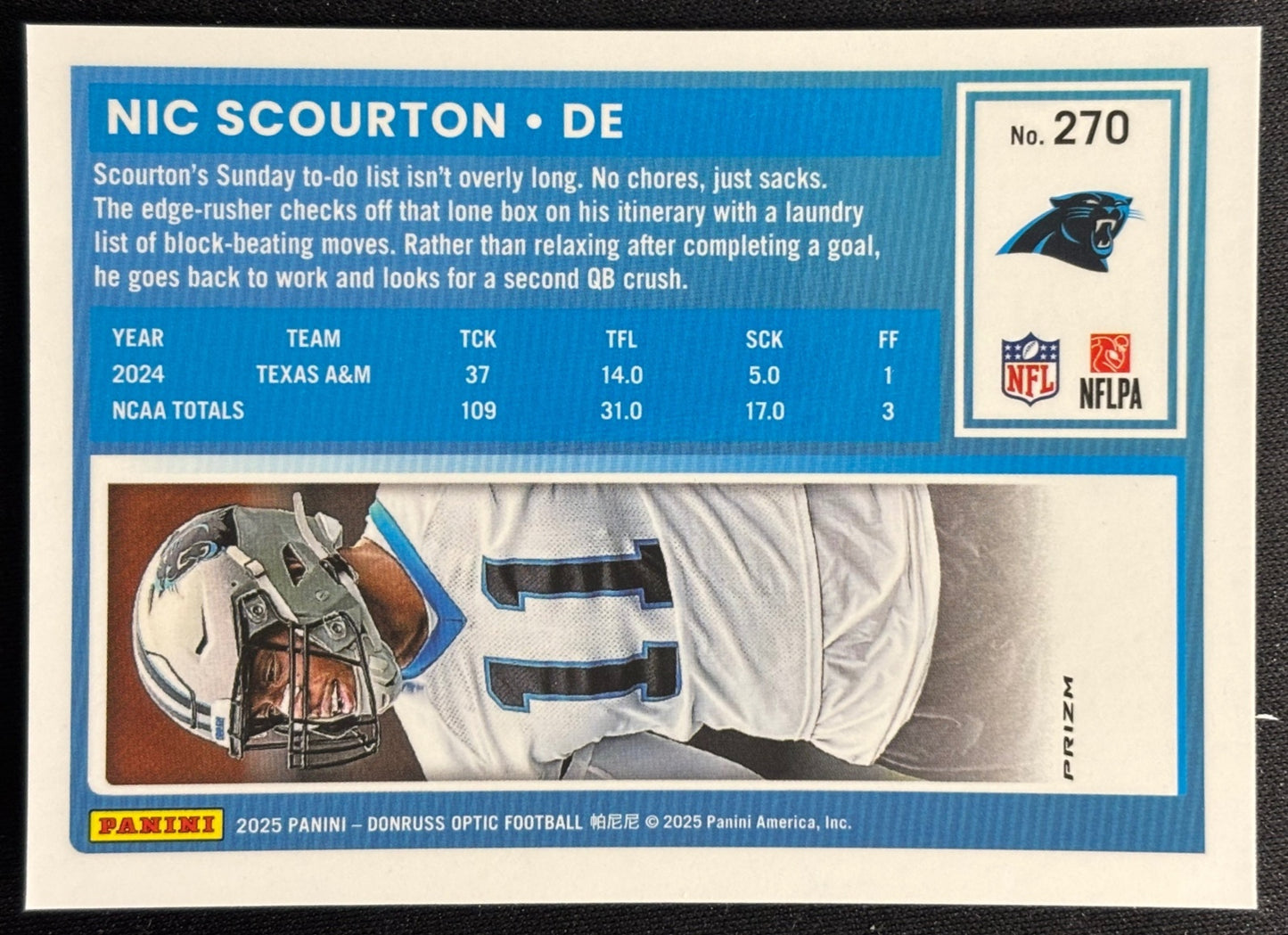 Nic Scourton 2025 Donruss Optic Rated Rookie Blue Hyper Prizm Panthers - Back