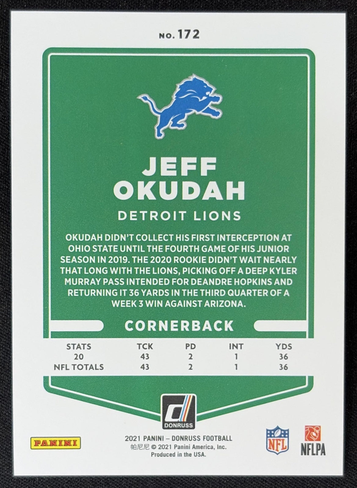 Jeff Okudah 2021 Panini Donruss Press Proof Premium Lions - Detroit Lions
