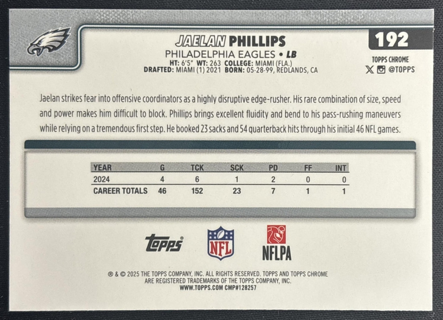 Jaelan Phillips 2025 Topps Chrome Purple Wave Refractor /75 Eagles back