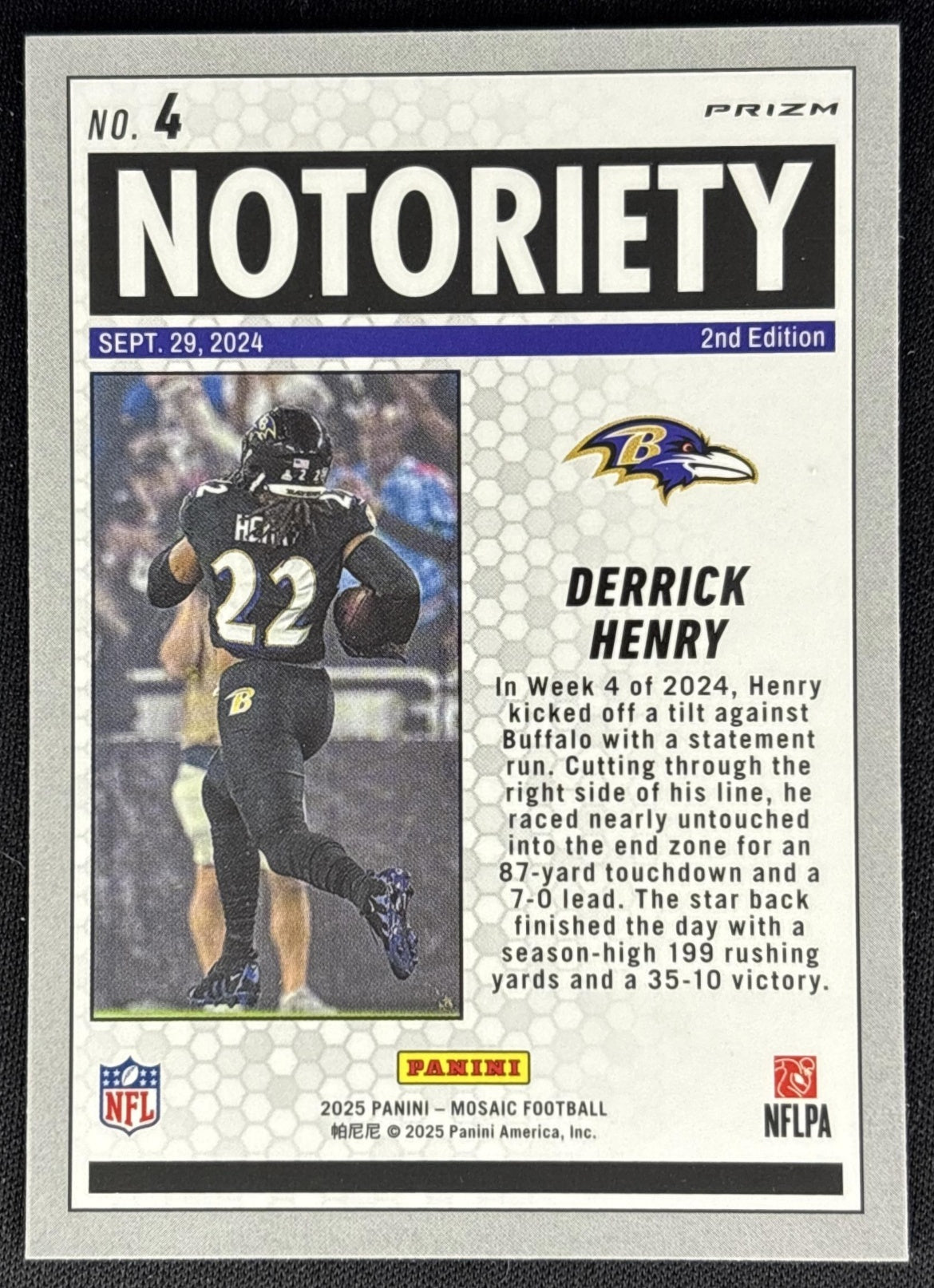 Derrick Henry 2025 Panini Mosaic Notoriety Orange Fluorescent Prizm Ravens back