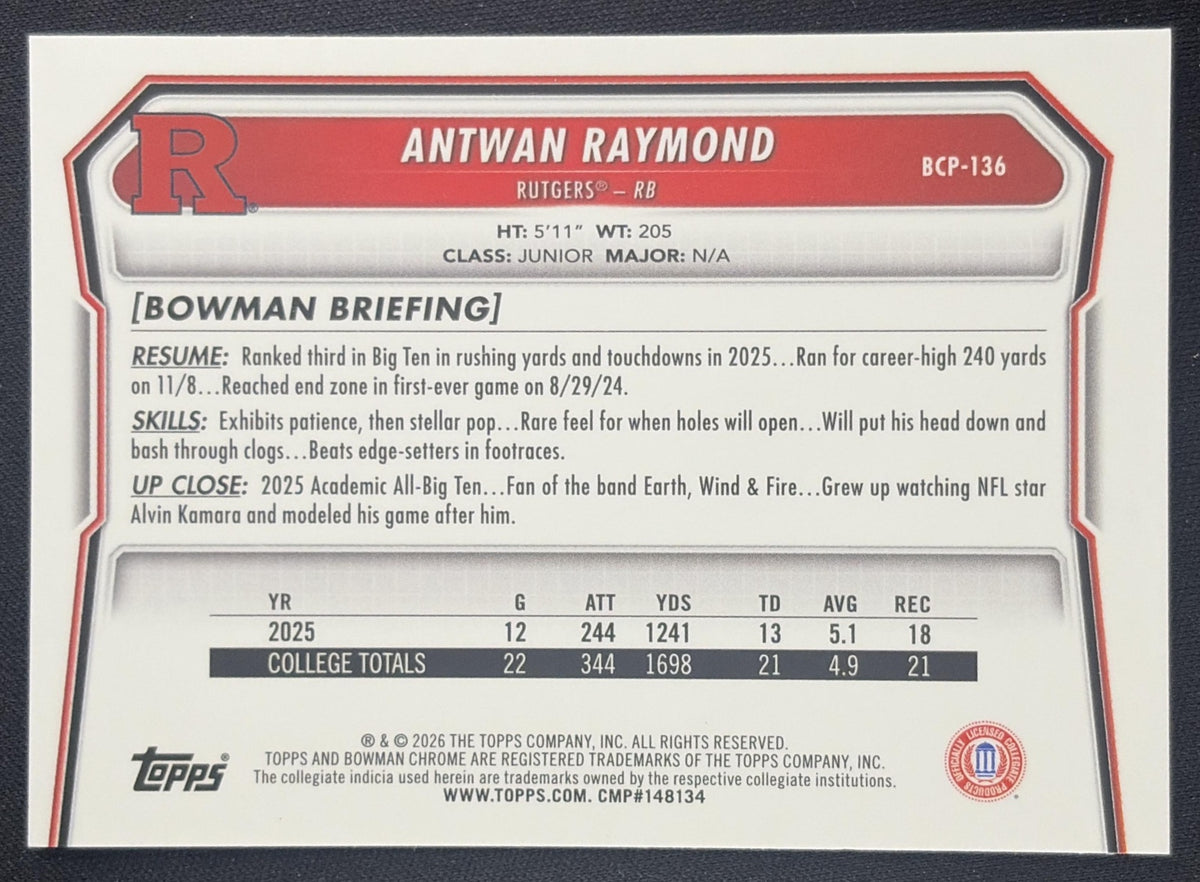 Antwan Raymond 2026 Bowman Chrome Prospects Mojo Refractor Scarlet Knights
