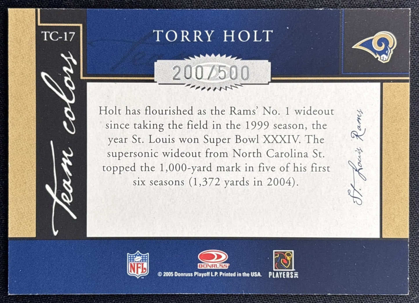 Torry Holt 2005 Donruss Classics Team Colors Silver /500 Rams back