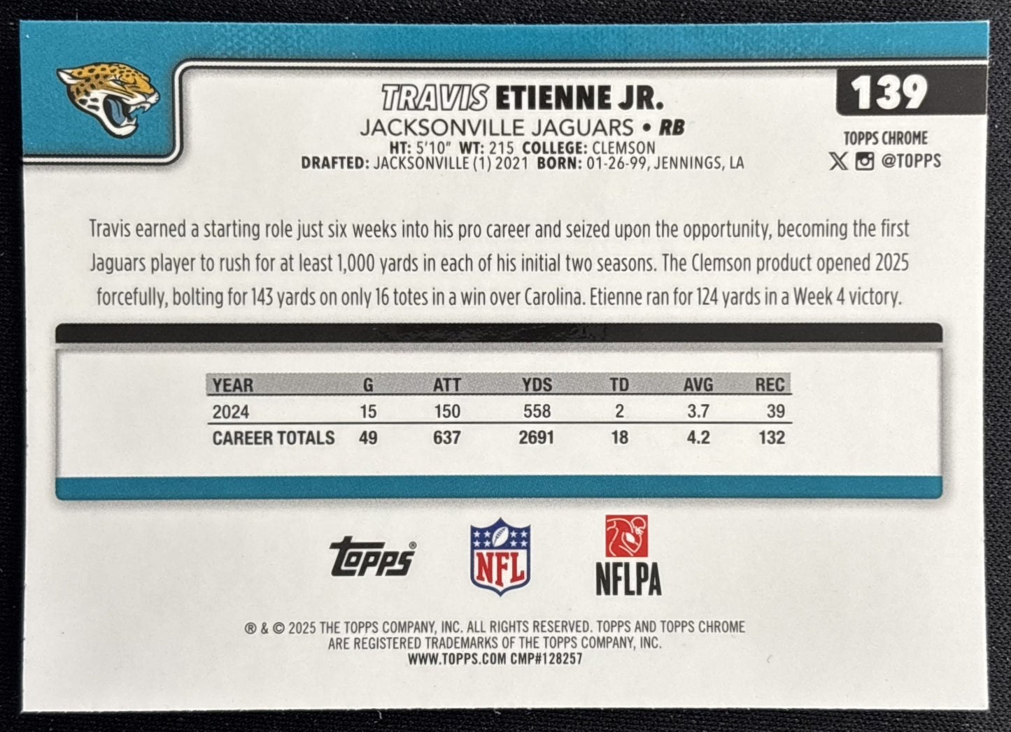 Travis Etienne Jr. 2025 Topps Chrome Jaguars Sports Trading Cards